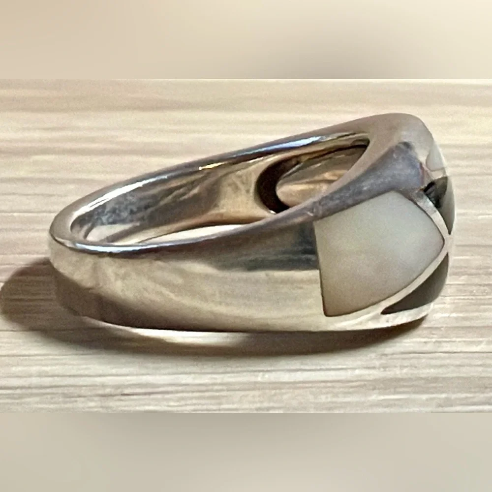 Eric Grossbardt Sterling Silver & 18K Gold MOP & Onyx Inlay Band Ring, Size 8.5